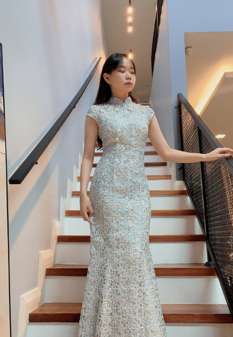 DT1521 Sequins Lace Cheongsam Evening Dress Silver DreamTales