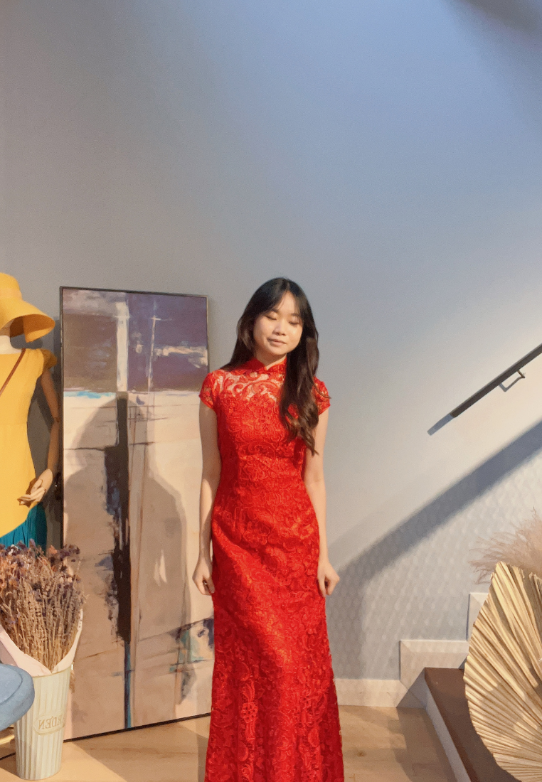 DT1526 Floral Lace Long Oriental Cheongsam Evening Dress Red