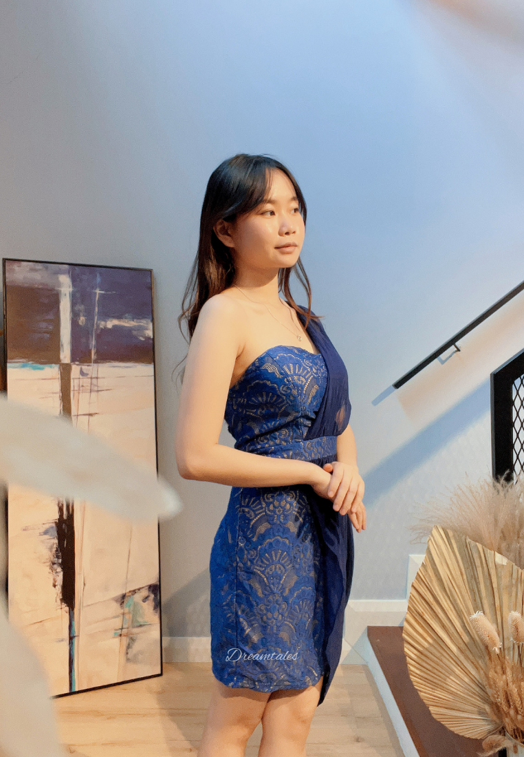 flare hand dress DT2183 Lacey Chiffon One Shoulder Flare Dress