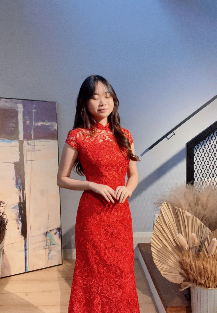 cheongsam dress red DT1526 Floral Lace Long Oriental Cheongsam Evening Dress