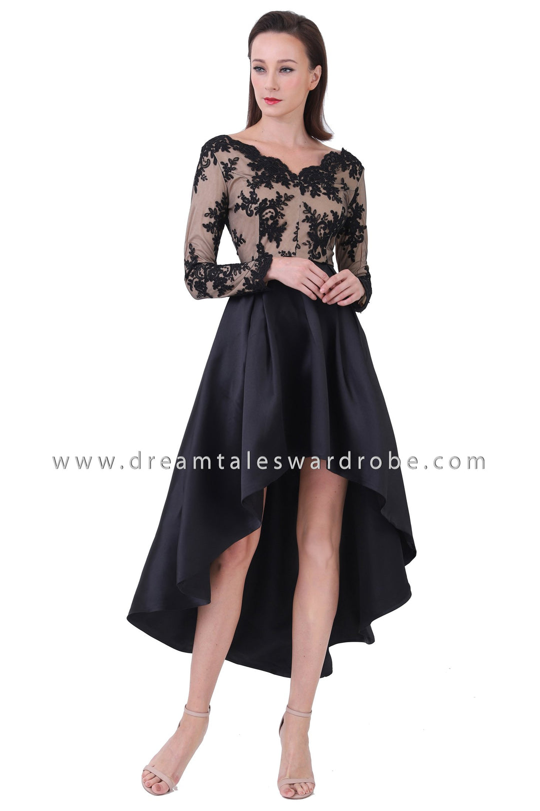 DT1223 Lace Asymmetrical Hem Prom Dress - Black DreamTales Wardrobe DT1223 Lace Asymmetrical Hem Prom Dress - Black DreamTales Wardrobe