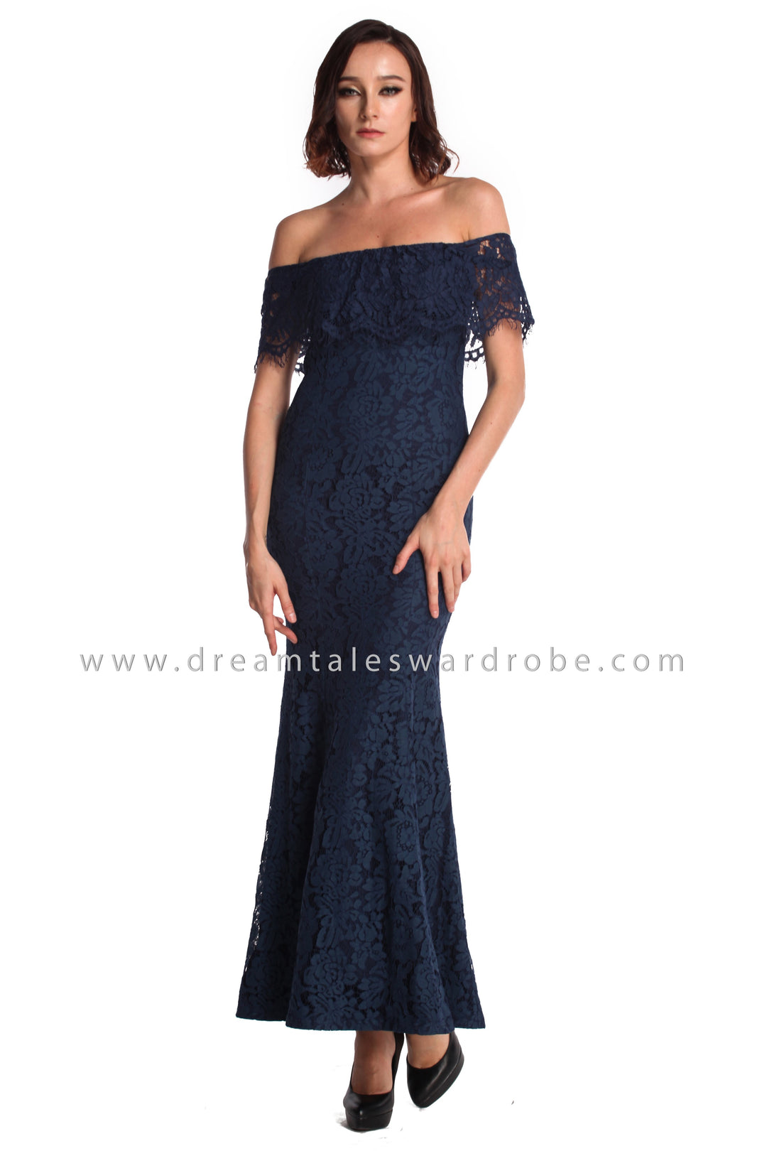 DT0934 Bardot Lace Ruffles Evening Dress