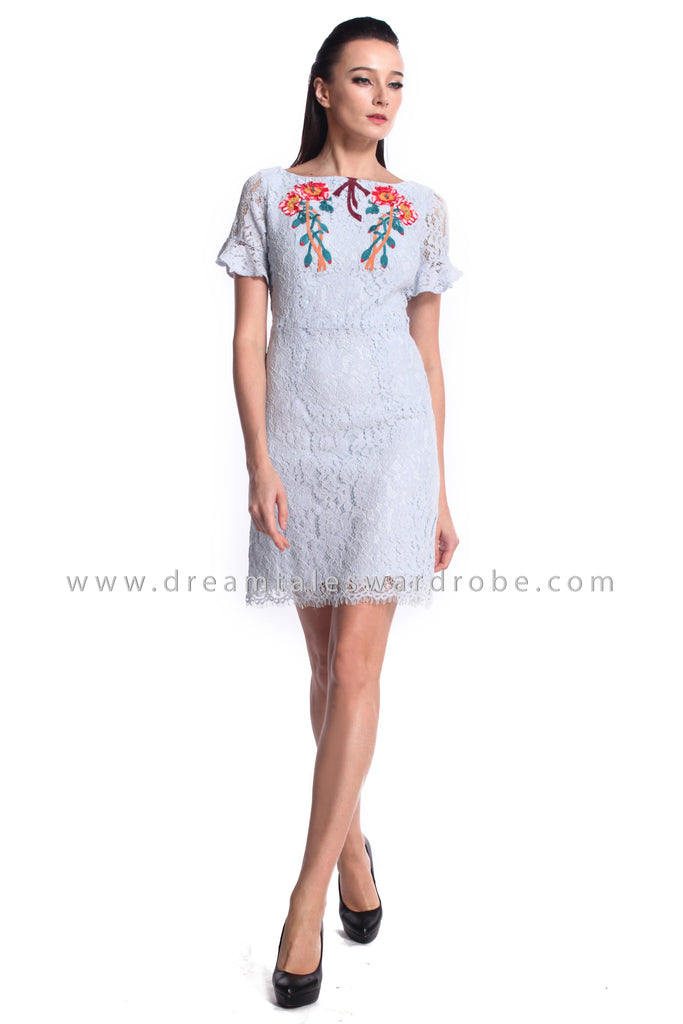 DT0984 Floral Embroidered Ruffles Sleeves Dress Blue DreamTales